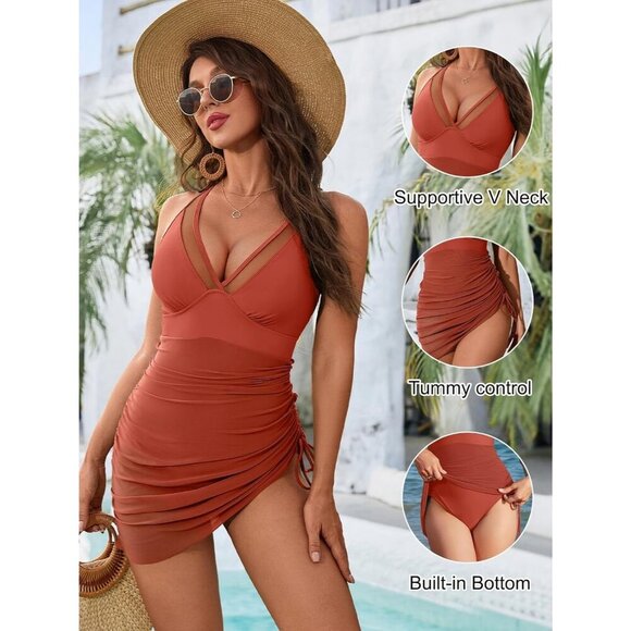 Womens Blooming Jelly Red One Piece Swim Dress with Tummy Control - Picture 2 of 5